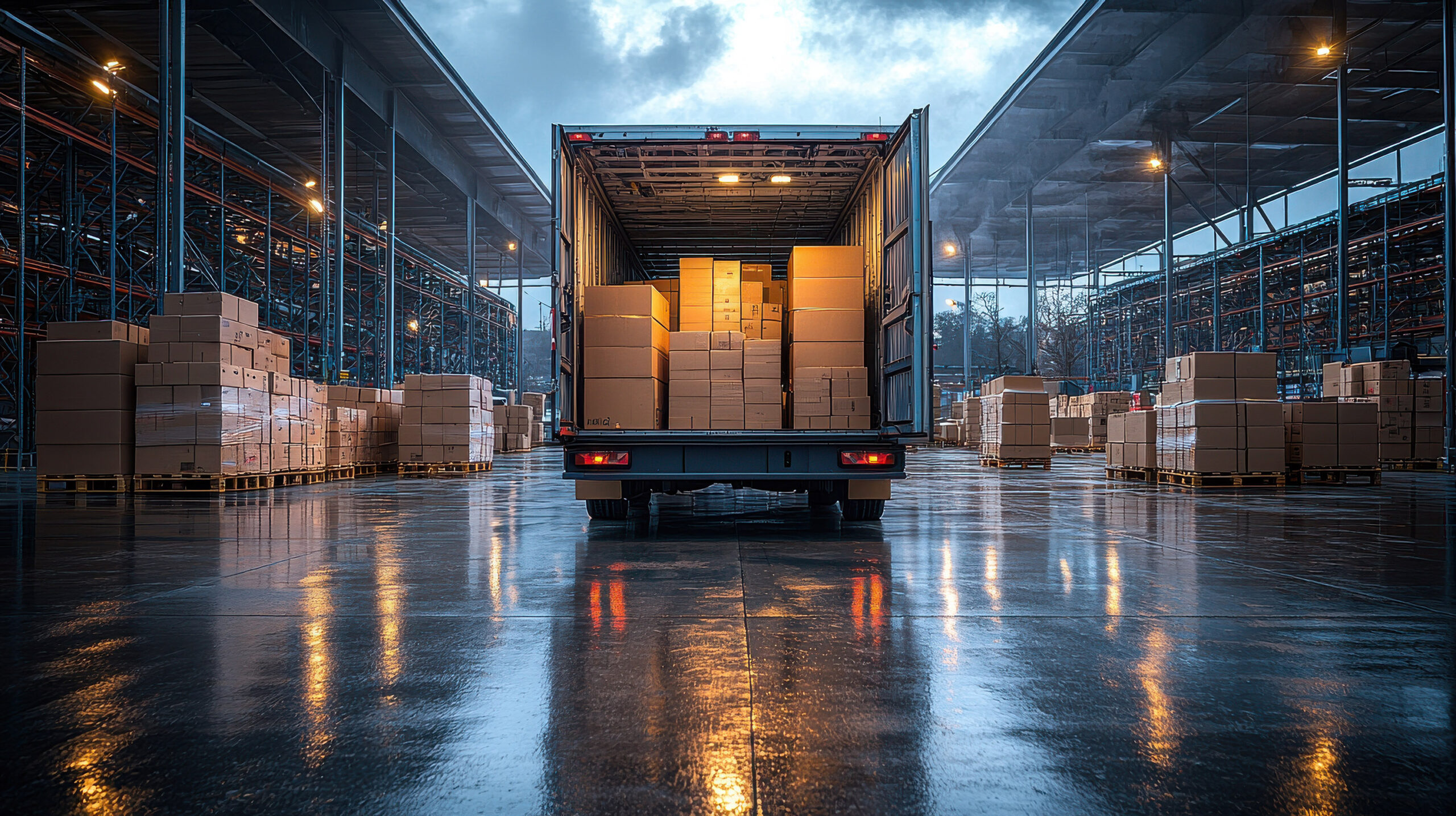 Loading boxes into a truck at a warehouse during twilight with r