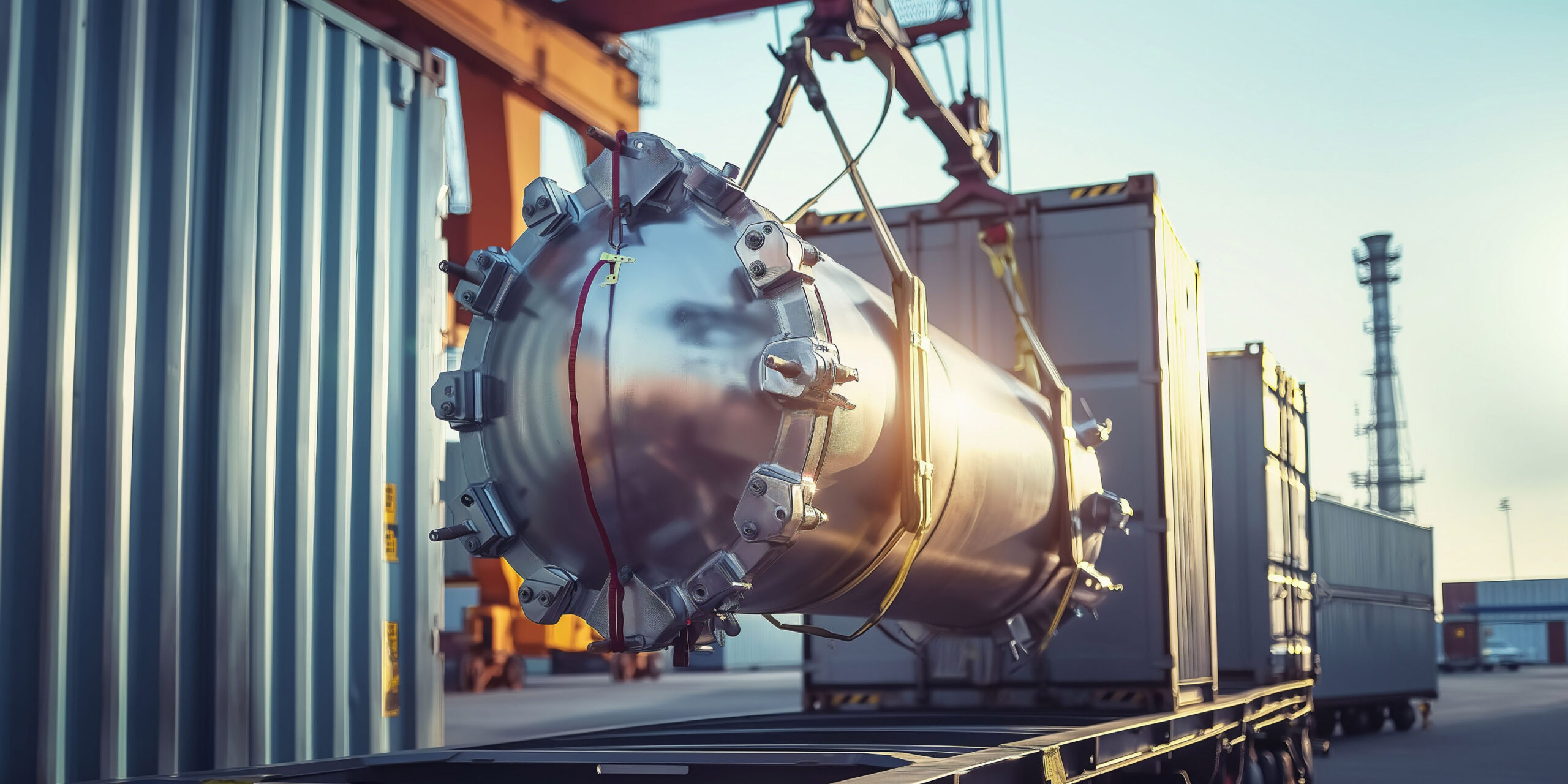A large metallic industrial tank is being transported on a cargo container at a sunny port. The environment is industrial and busy, perfect for showcasing logistics and heavy machinery operations.